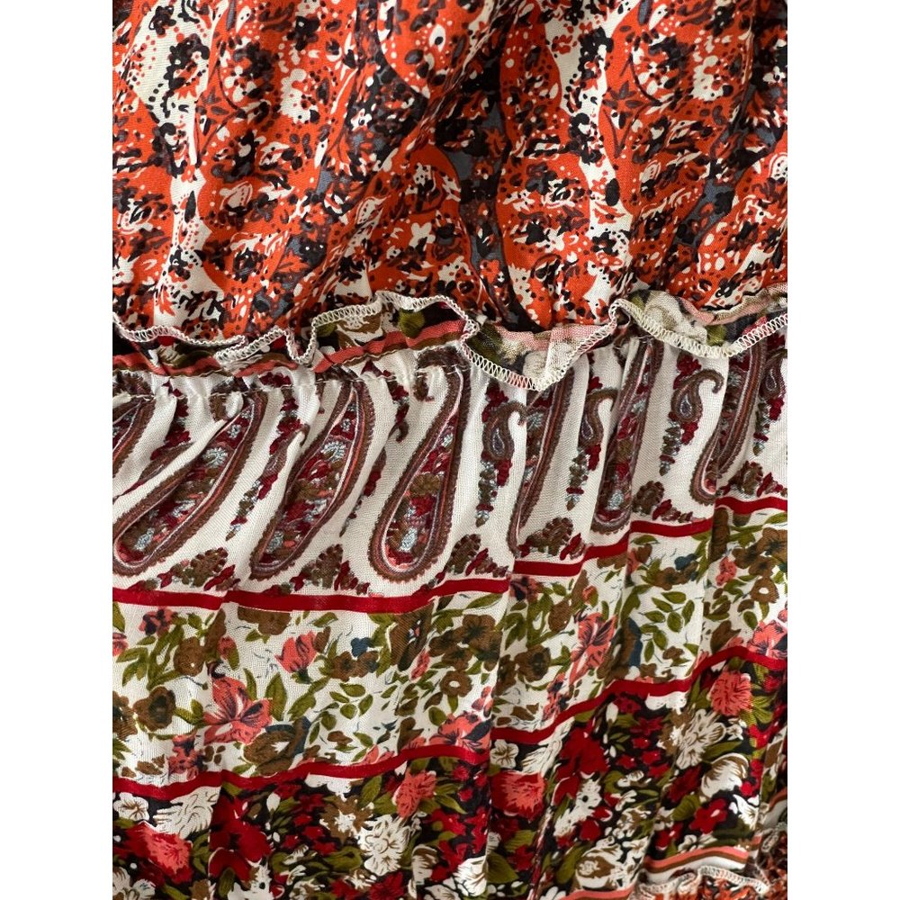 Available Multi-color Paisley Floral Print 4-Tier Elastic Waist Maxi Skirt - Picture 2 of 8